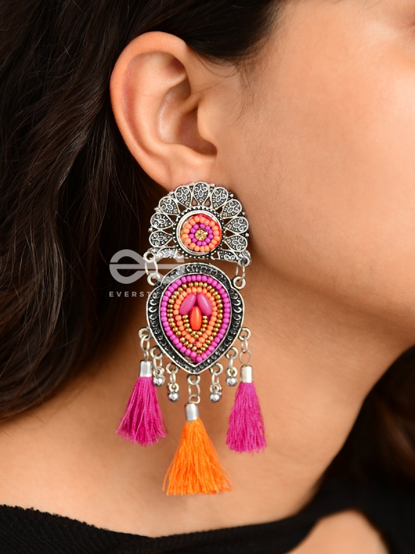 The Layered Tasseled Statement Makers (Pink-Orange) - The Embroidered Oxidised Collection
