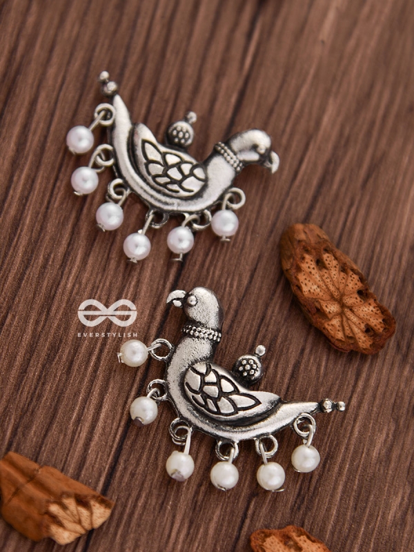 The Dangling Pearl Parrots - Oxidised Boho Earrings