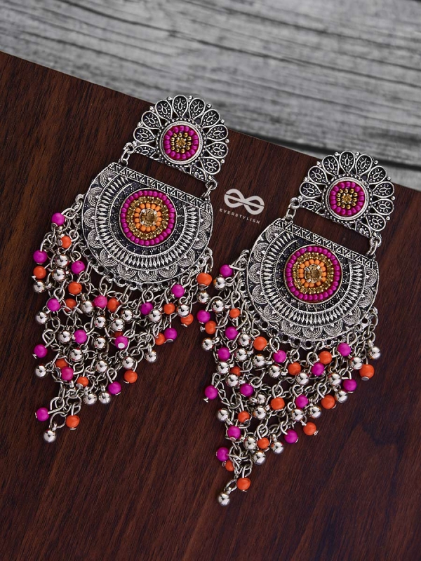 The Multi-Layered Beaded Jhaalar (Orange-Pink) - Embroidered Oxidised Collection