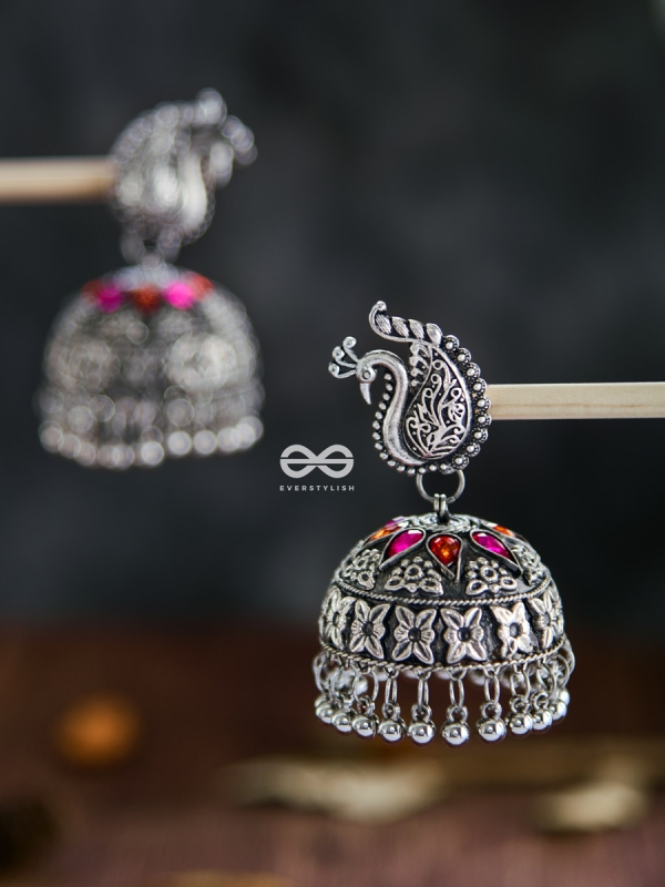 The Large Statement Peacock Jhumkas - Embellished Oxidised Collection
