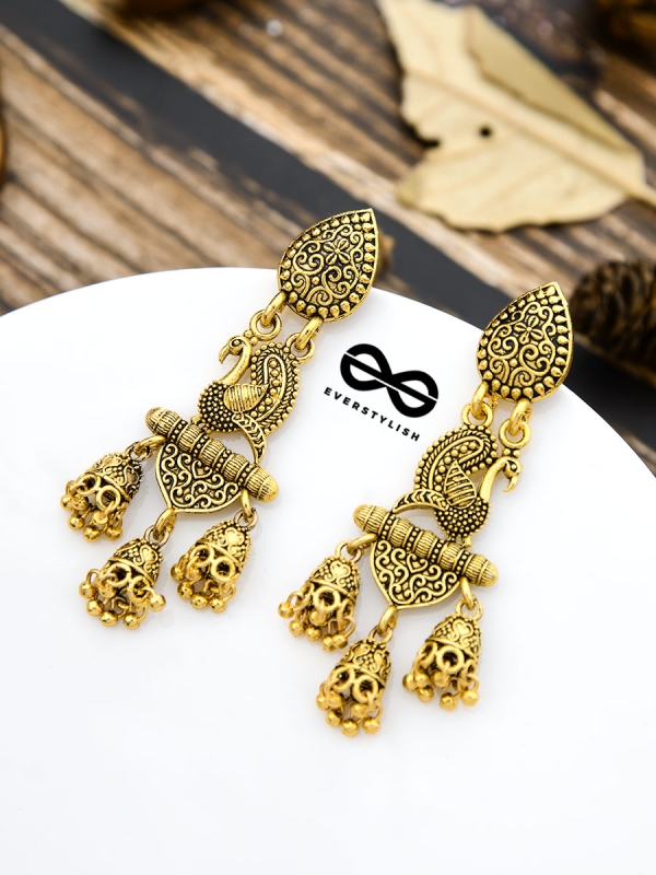 The Intricate Golden Peacock Triple Boho Jhumkis