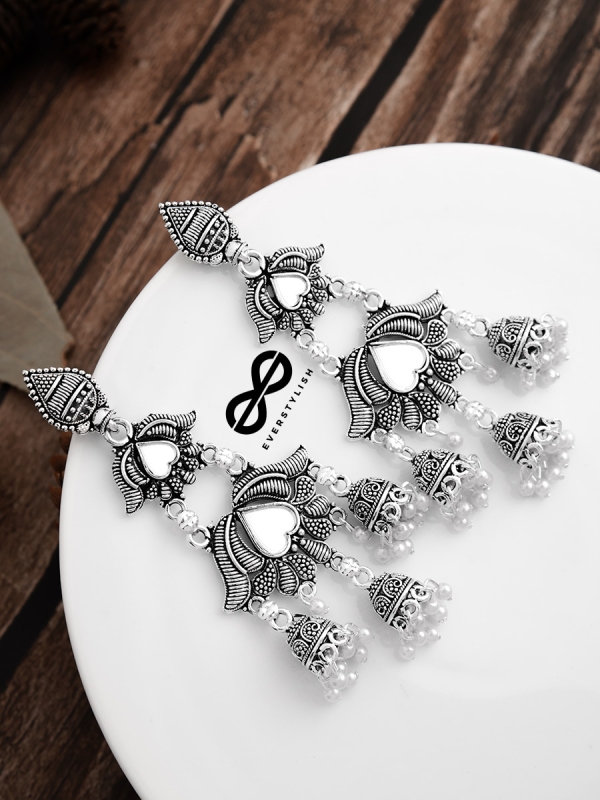 The Triple Layered Mirror Jhumkis - Oxidised Boho Earrings