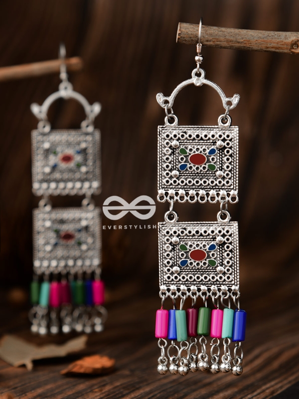 The Double Embellished Trunks (Red Hues) - Oxidised Boho Earrings - Multicolour
