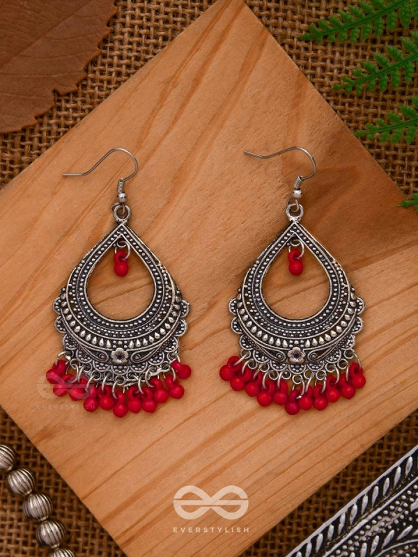 The Intricate Motif Drops - Oxidised Boho Earrings - Red