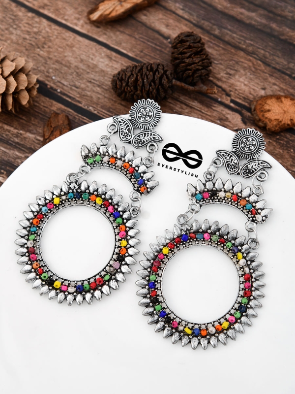 The layered Beaded Sun Oxidised Boho Earrings