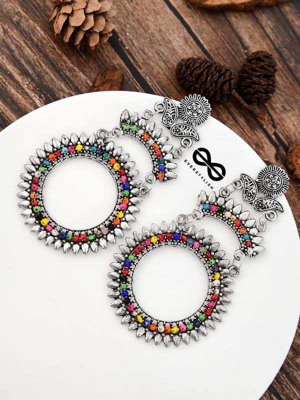 The layered Beaded Sun Oxidised Boho Earrings