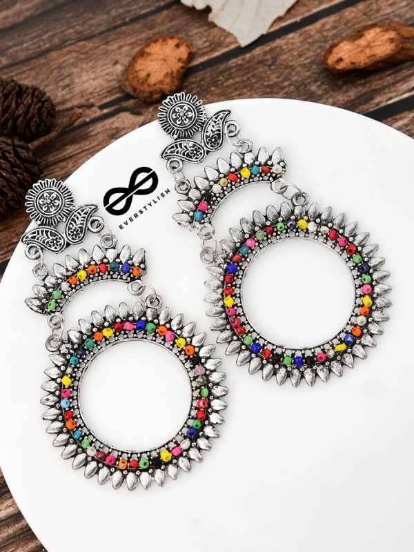 The layered Beaded Sun Oxidised Boho Earrings