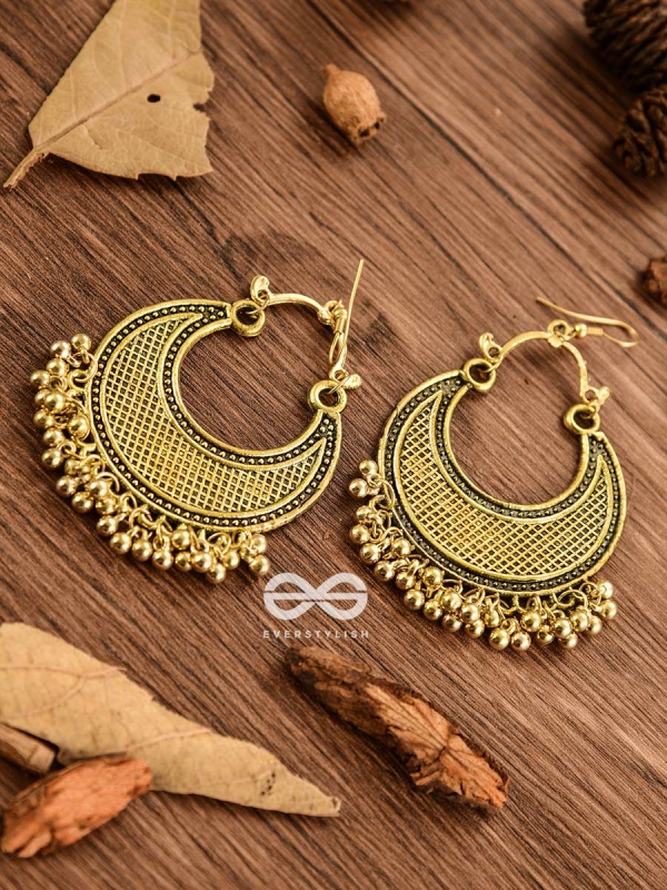 The Meshed Moon (Golden) - Oxidised Boho Earrings