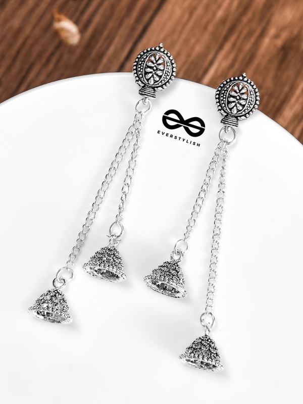 The Double Jhumki Motif Danglers - Oxidised Boho Earrings