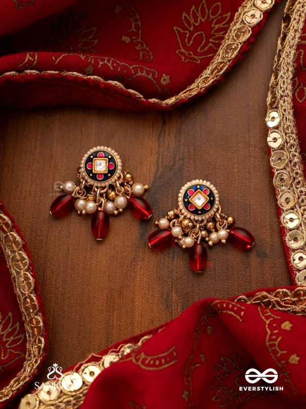 RUDRARAGA - MELODY OF RED - INTRICATE KUNDAN EARRINGS  WITH RUBY BEADS AND GOLDEN DETAILS