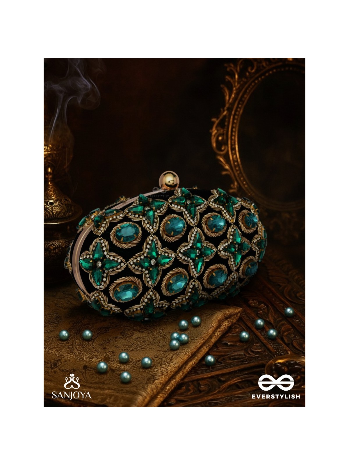 NEELZARA – OVAL DARK GREEN VELVET CLUTCH WITH INTRICATE STONE AND ZARDOZI WORK AND GOLDEN METAL FRAME