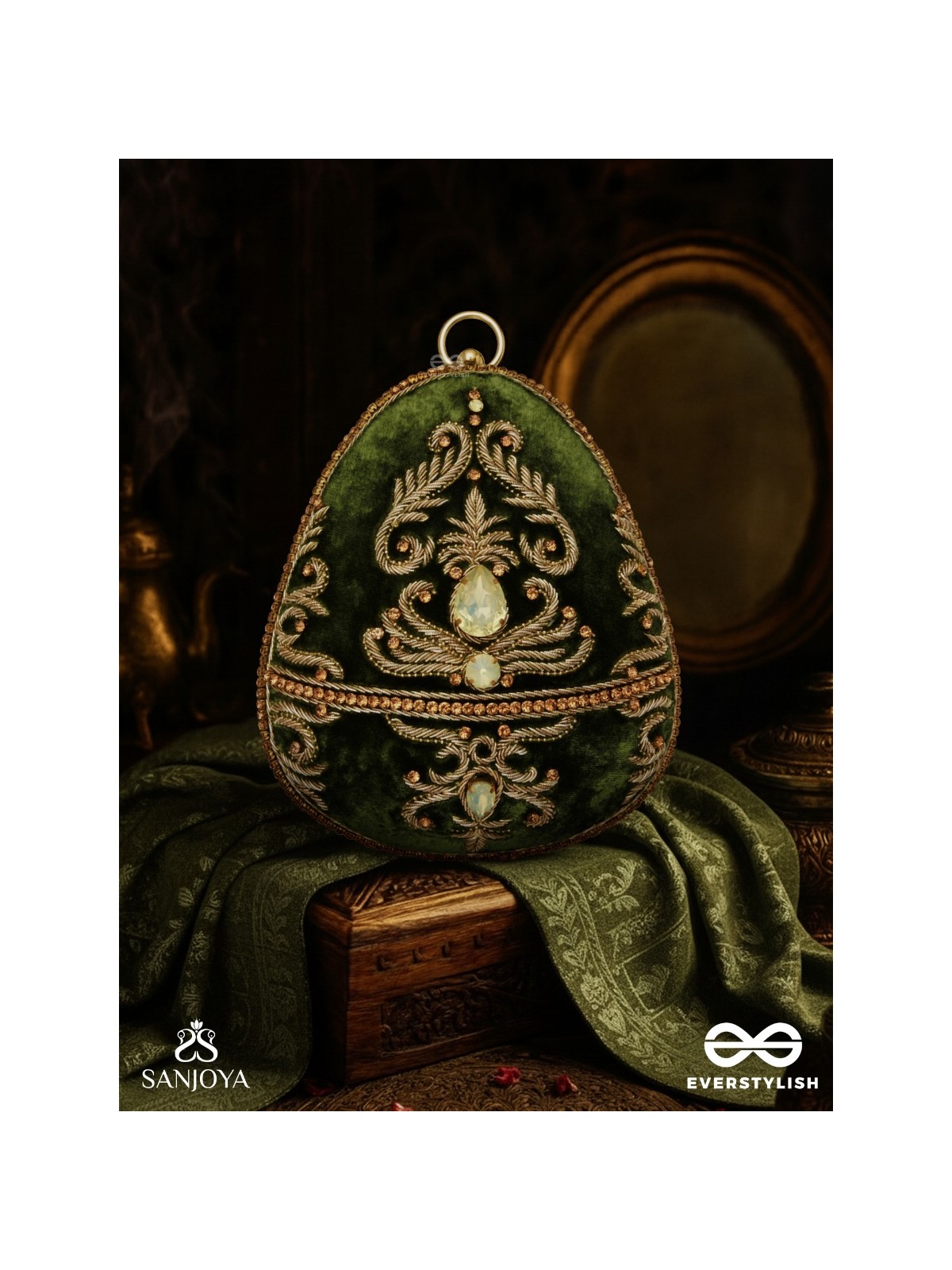 SABREEN - OVAL DEEP OLIVE GREEN VELVET HANDLE CLUTCH WITH RICH HAND DETAILING AND GOLDEN METAL FRAME