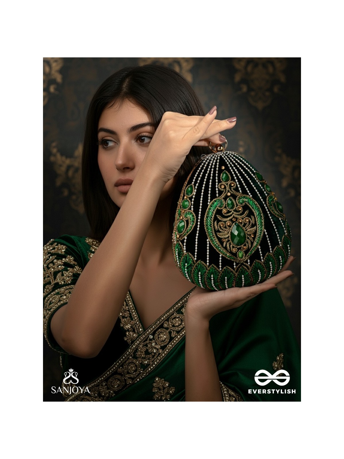 MEHREENA – OVAL DARK GREEN VELVET CLUTCH WITH INTRICATE HANDWORK AND GOLDEN METAL FRAME