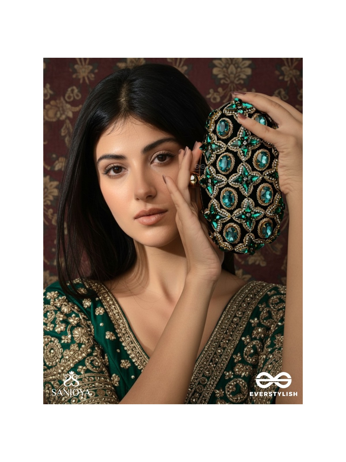 NEELZARA – OVAL DARK GREEN VELVET CLUTCH WITH INTRICATE STONE AND ZARDOZI WORK AND GOLDEN METAL FRAME