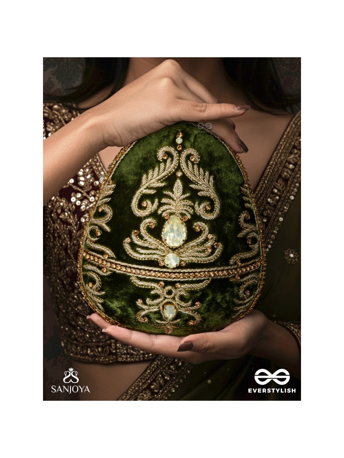 SABREEN - OVAL DEEP OLIVE GREEN VELVET HANDLE CLUTCH WITH RICH HAND DETAILING AND GOLDEN METAL FRAME