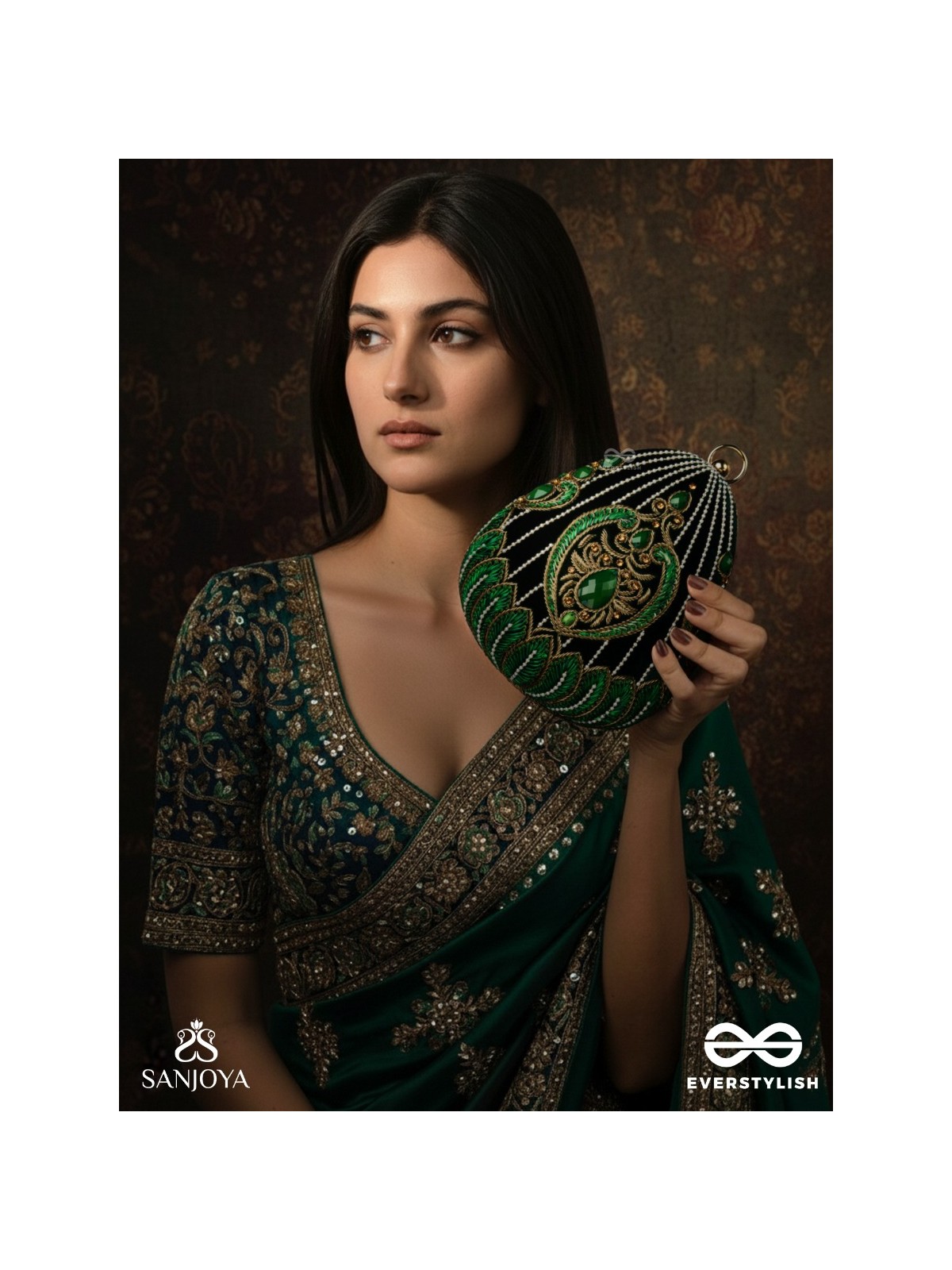 MEHREENA – OVAL DARK GREEN VELVET CLUTCH WITH INTRICATE HANDWORK AND GOLDEN METAL FRAME