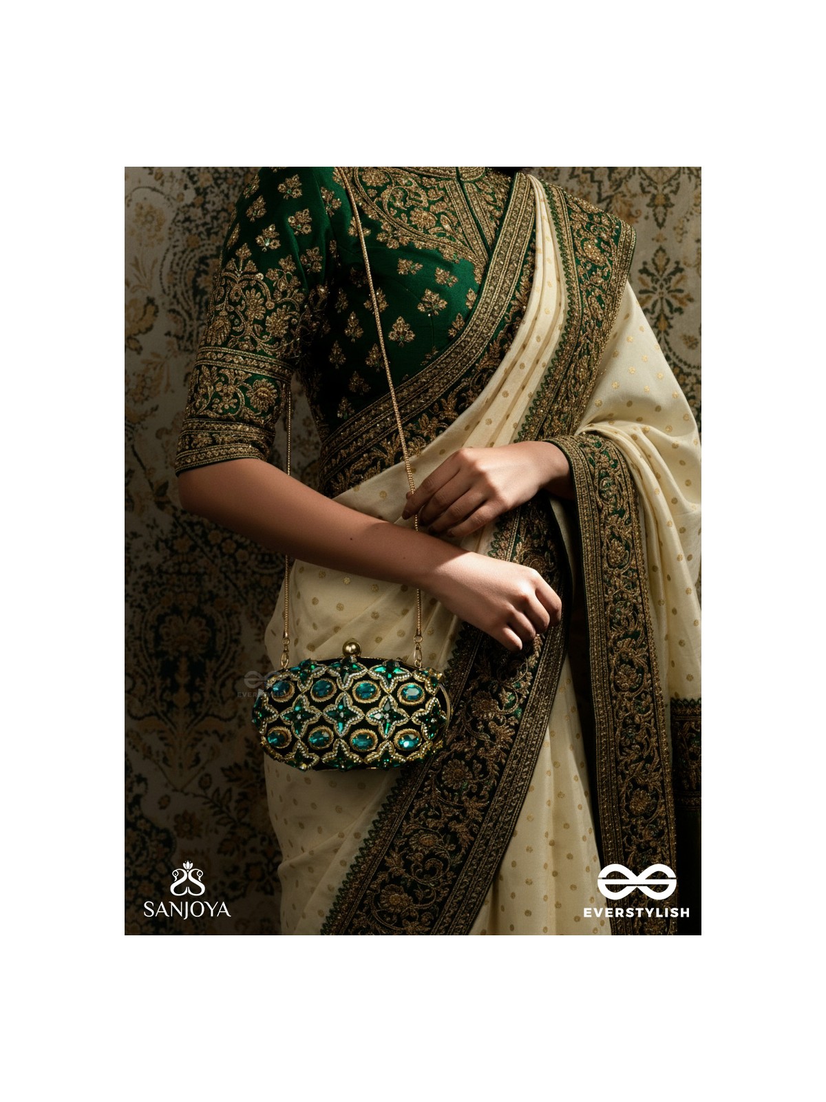 NEELZARA – OVAL DARK GREEN VELVET CLUTCH WITH INTRICATE STONE AND ZARDOZI WORK AND GOLDEN METAL FRAME