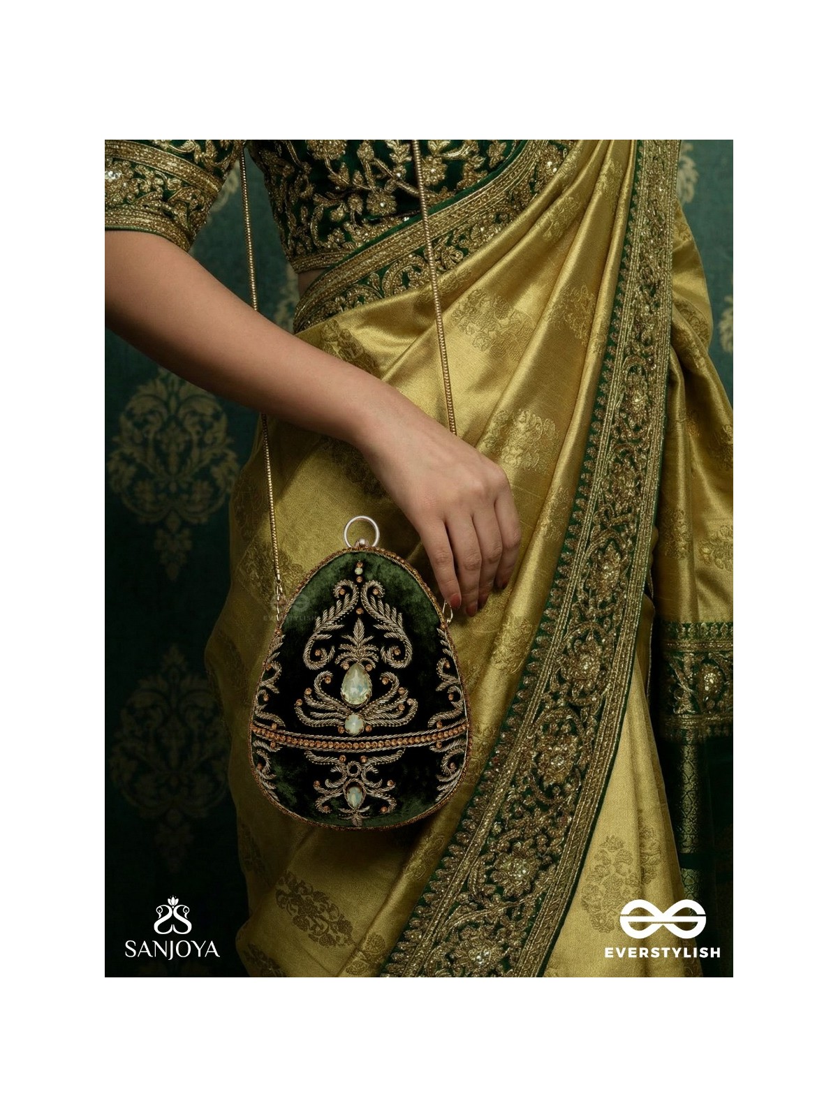 SABREEN - OVAL DEEP OLIVE GREEN VELVET HANDLE CLUTCH WITH RICH HAND DETAILING AND GOLDEN METAL FRAME