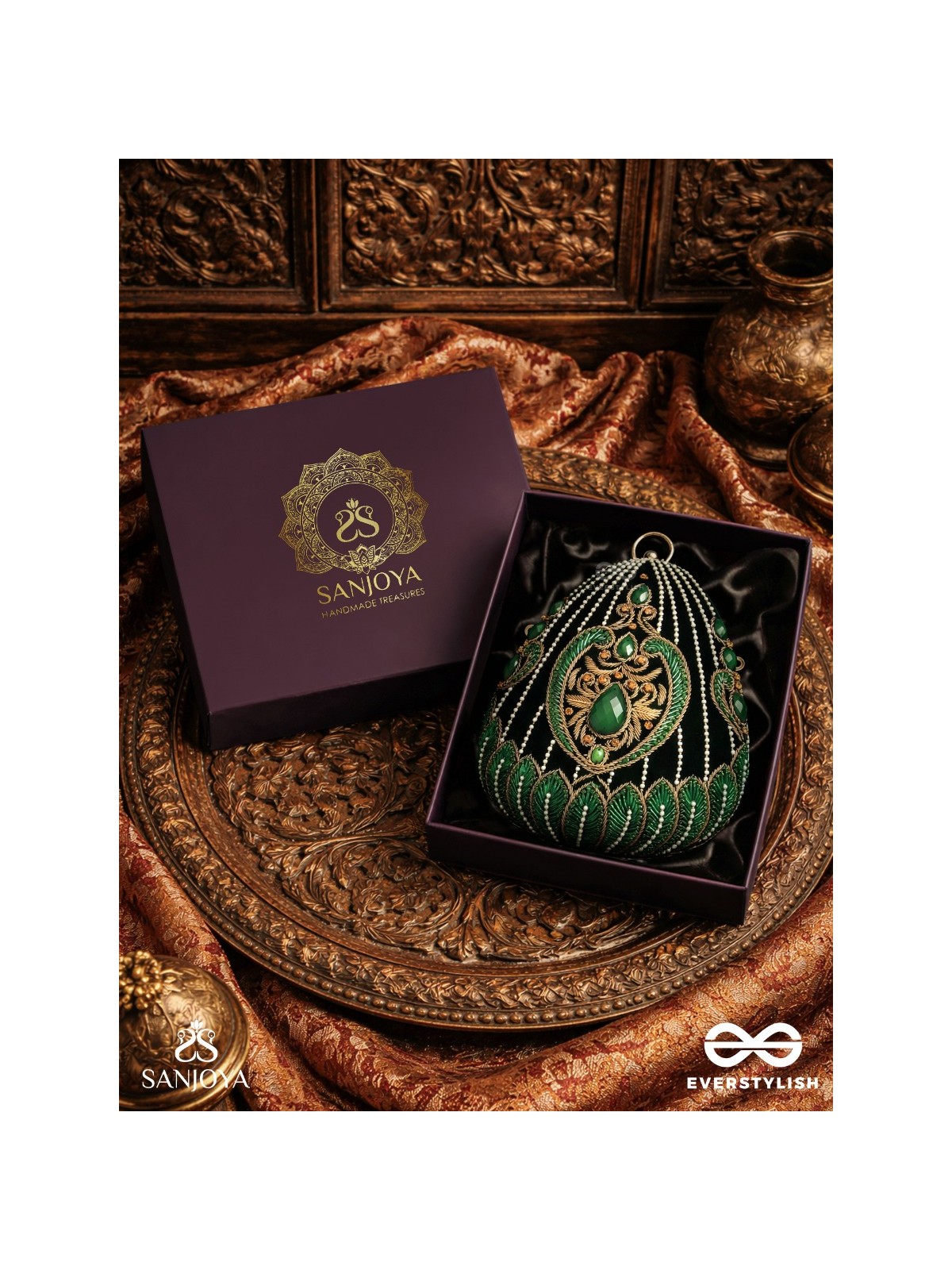 MEHREENA – OVAL DARK GREEN VELVET CLUTCH WITH INTRICATE HANDWORK AND GOLDEN METAL FRAME