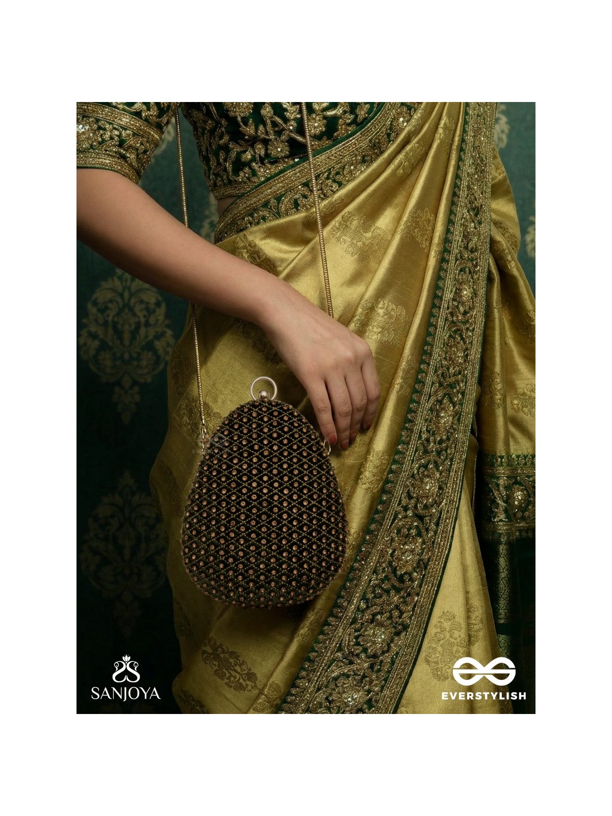SABREEN - OVAL DEEP OLIVE GREEN VELVET HANDLE CLUTCH WITH RICH HAND DETAILING AND GOLDEN METAL FRAME