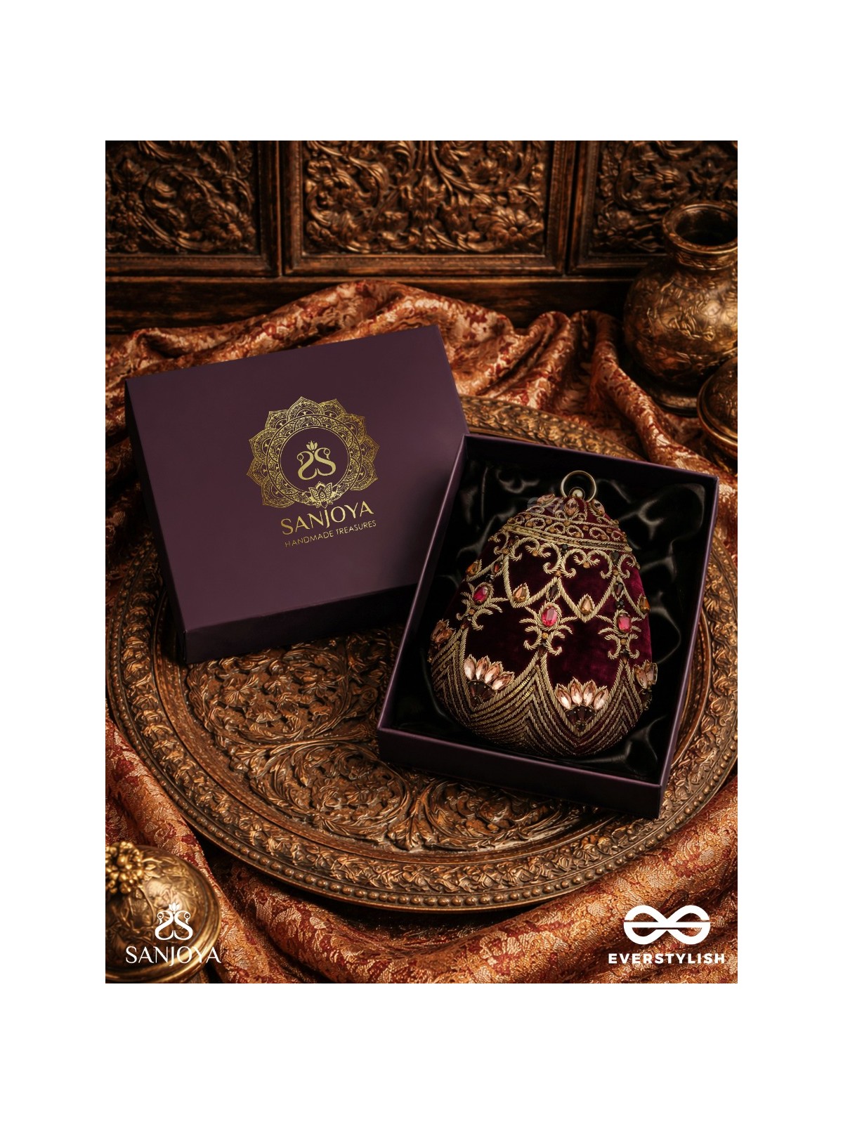 ZEENAT – OVAL DARK PINK VELVET CLUTCH WITH DETAILED EMBELLISHMENT AND GOLDEN METAL FRAME