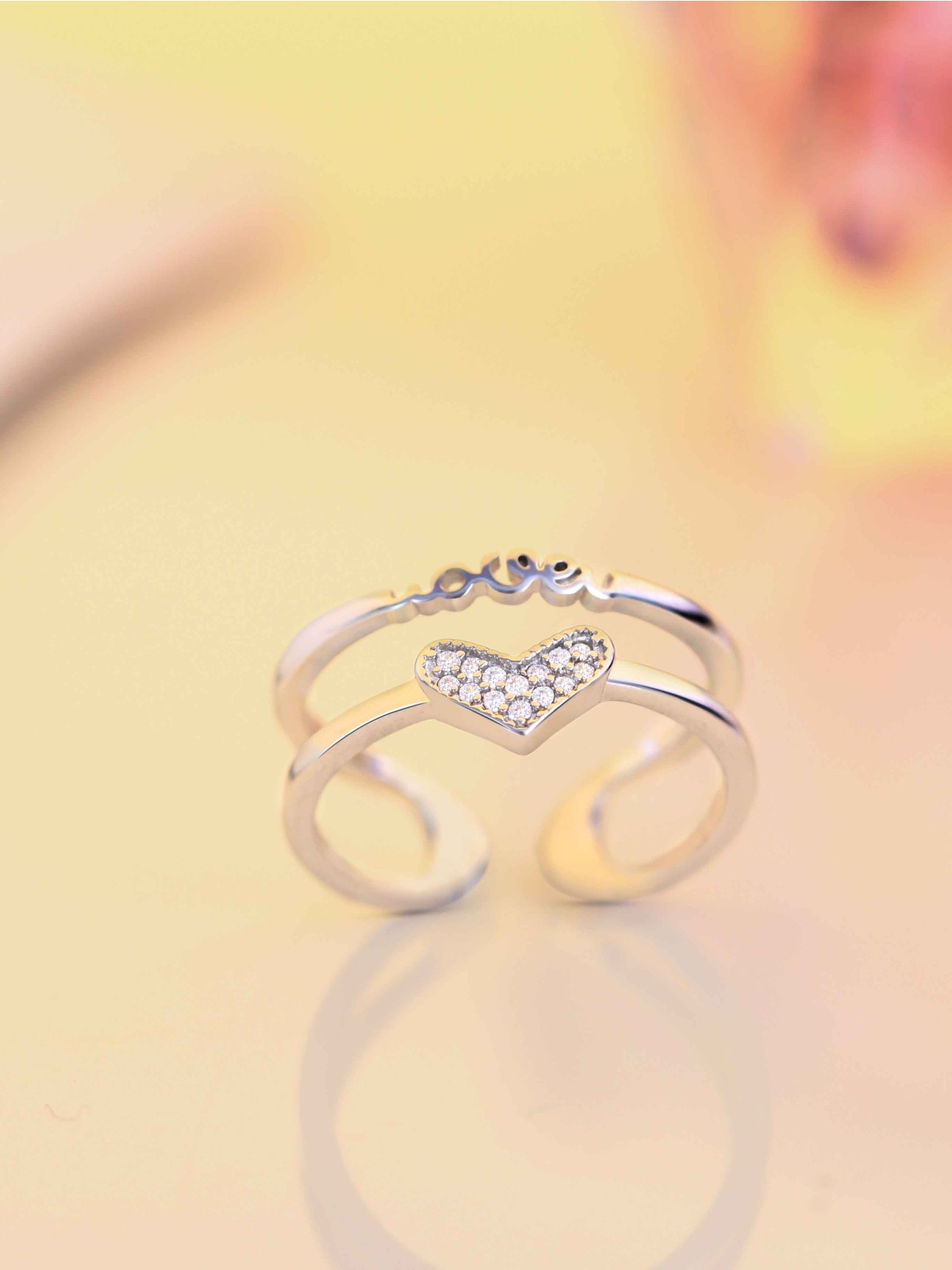 Silverette Love Heart Adjustable CZ Dual Ring