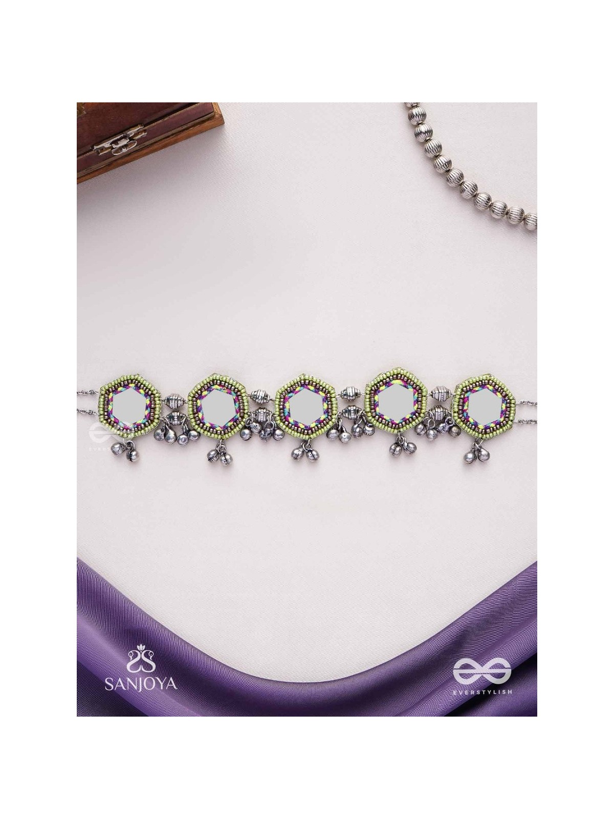 Chāyāmālā-Reflective choker- oxidized choker featuring intricate beadwork, mirrors, ghungroo (small bells), and thread details