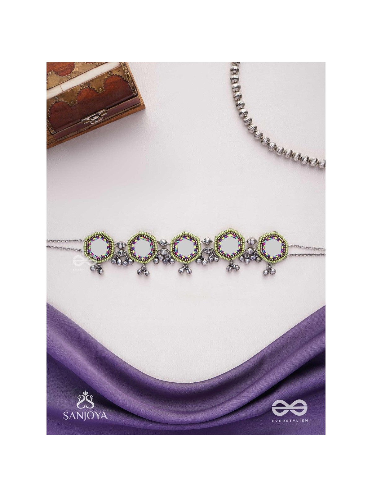 Chāyāmālā-Reflective choker- oxidized choker featuring intricate beadwork, mirrors, ghungroo (small bells), and thread details