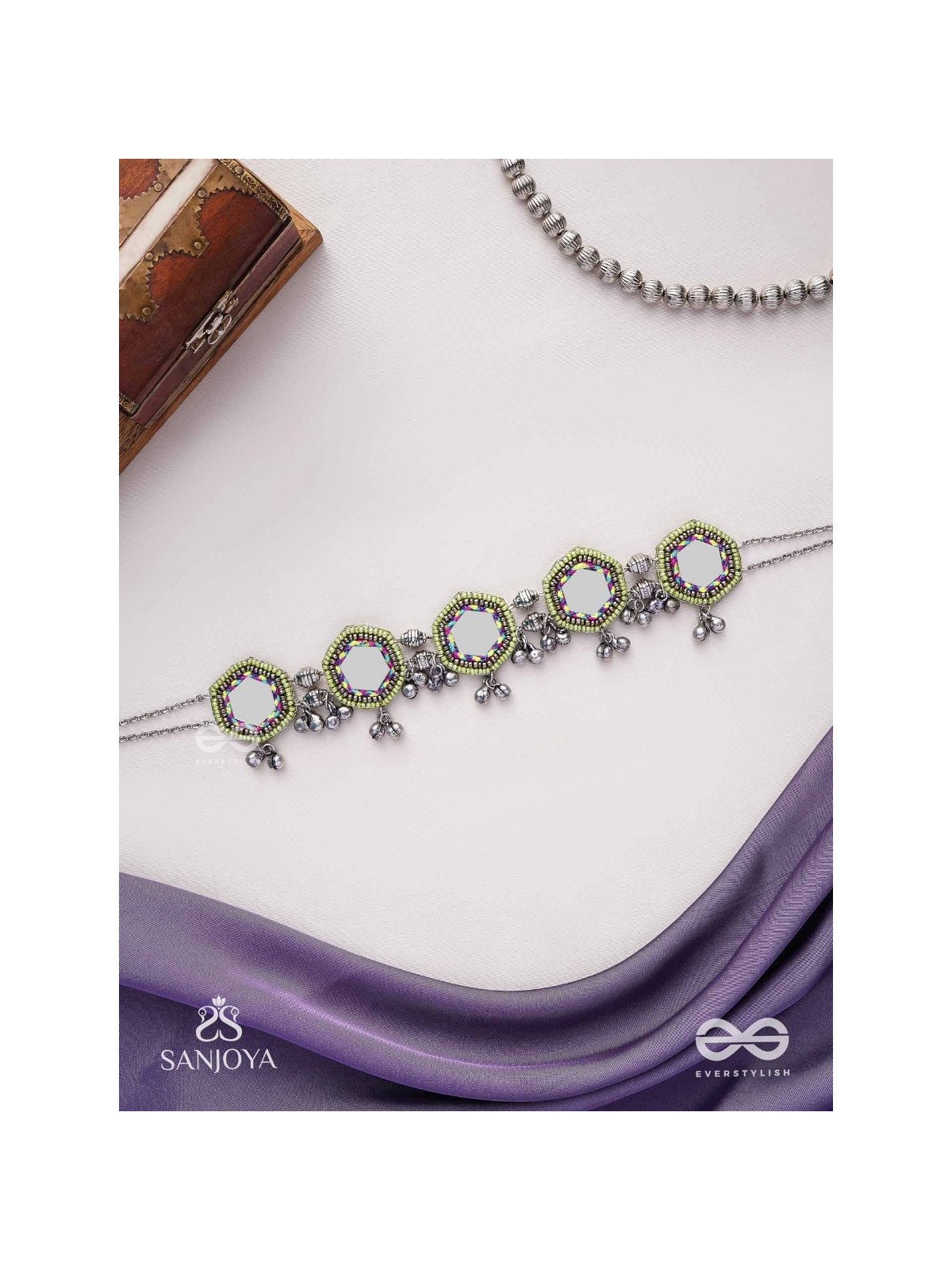 Chāyāmālā-Reflective choker- oxidized choker featuring intricate beadwork, mirrors, ghungroo (small bells), and thread details
