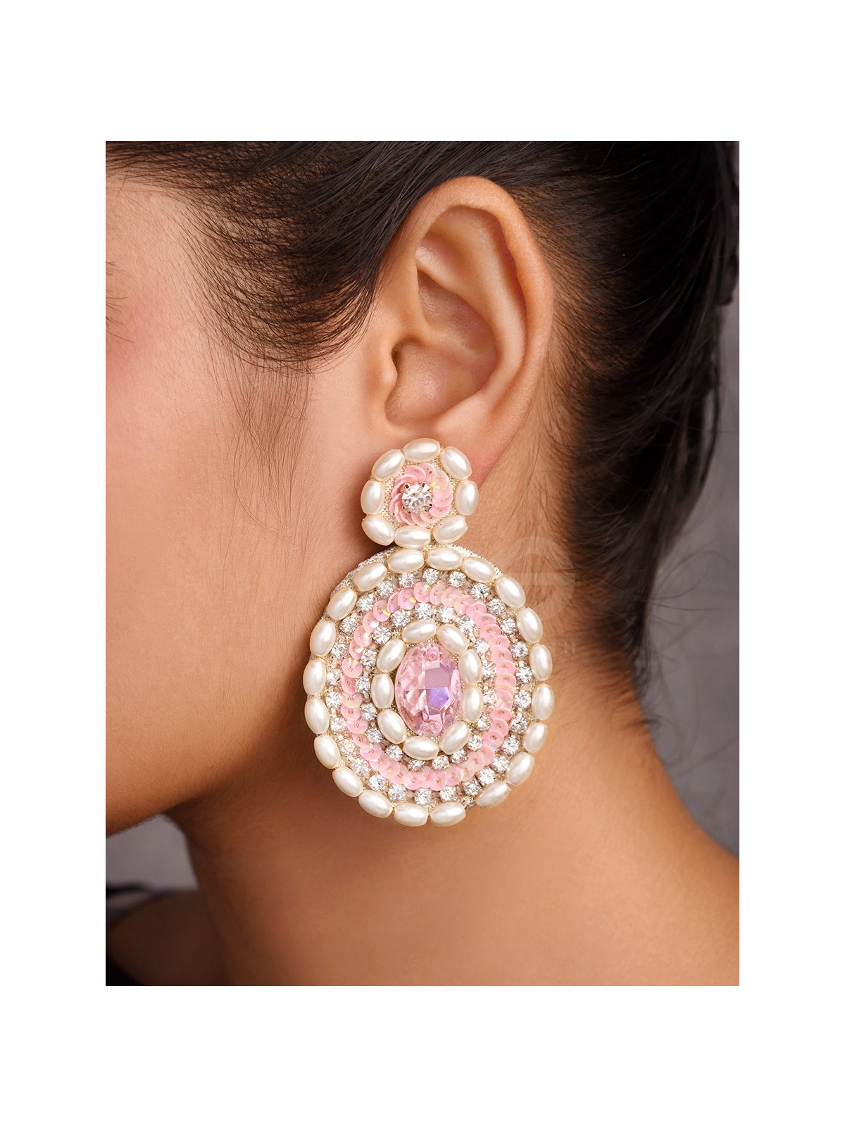  PRATIBIMB- THE RESPLENDENT REFLECTION- STONE, PEARLS AND SEQUINS EMBROIDERED EARRINGS (BLUSH PINK)