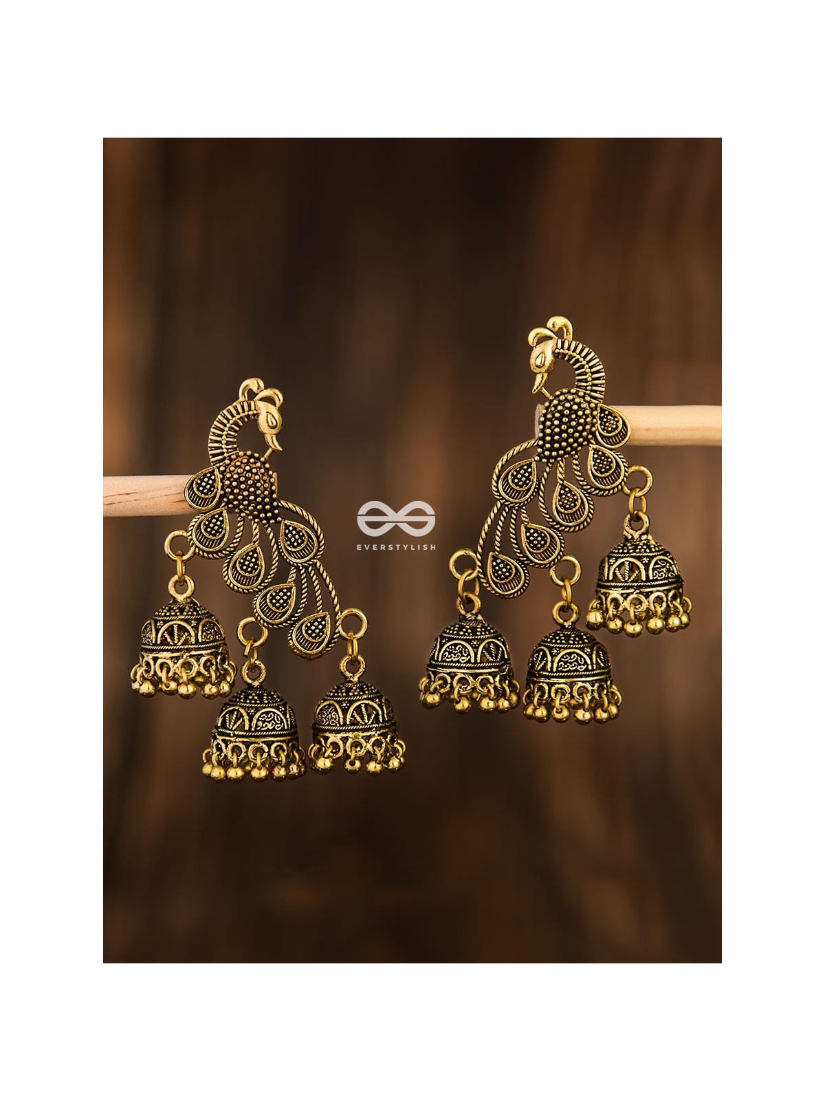 The Intricate Peacocks (Golden) - Triple Boho Jhumki Earrings