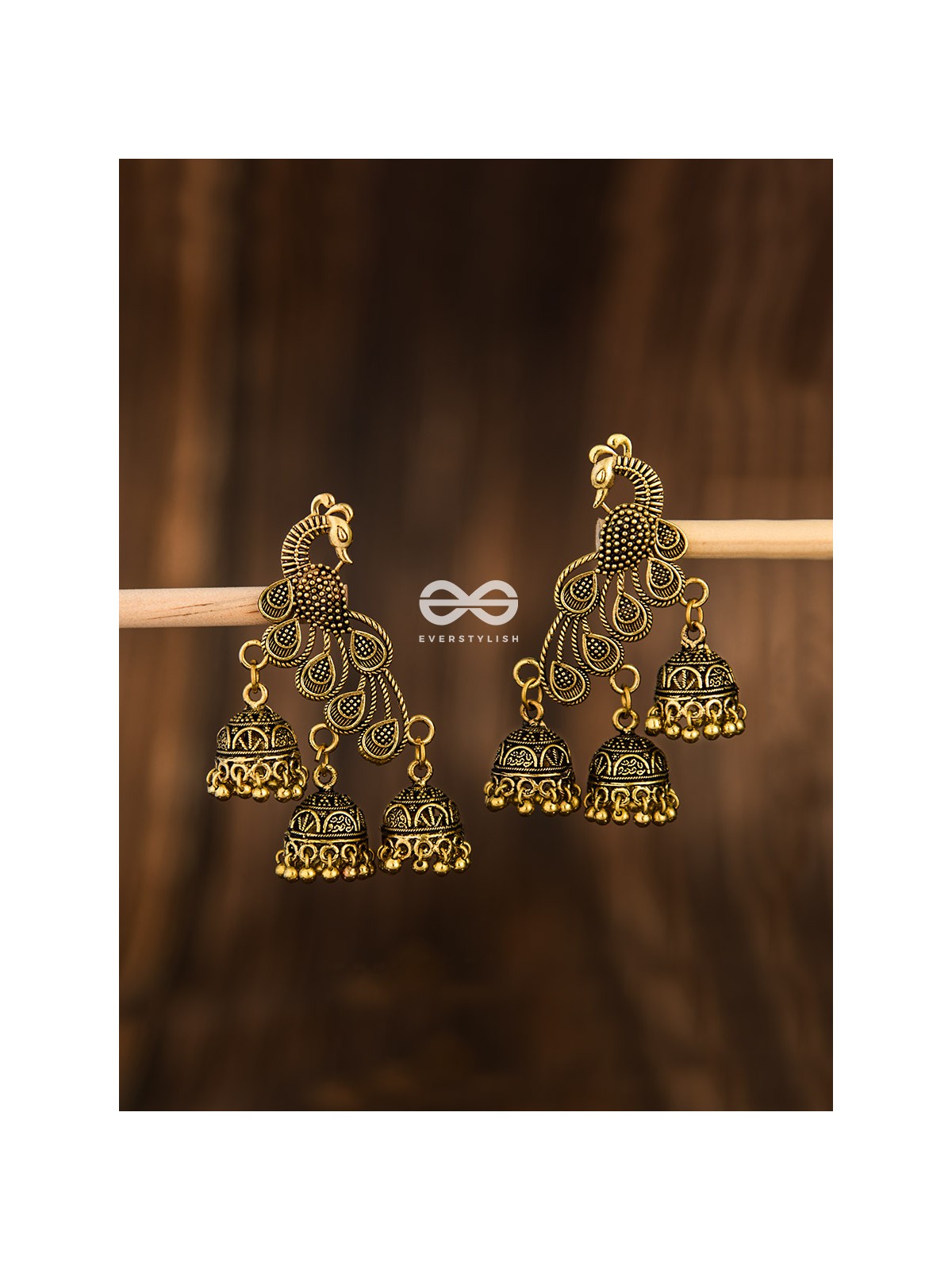 The Intricate Peacocks (Golden) - Triple Boho Jhumki Earrings