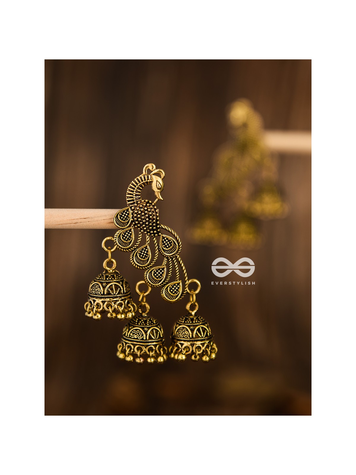 The Intricate Peacocks (Golden) - Triple Boho Jhumki Earrings