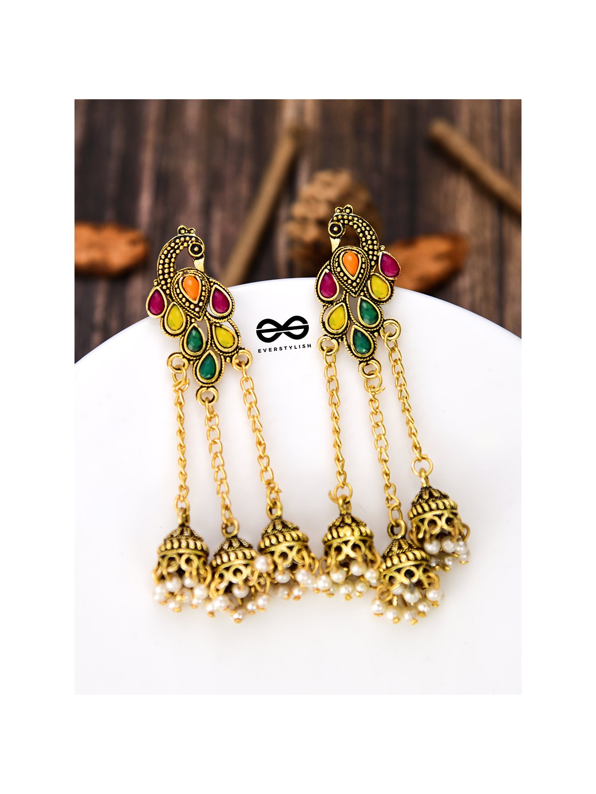 The Golden Embellished Peacock Triple Hanging Jhumkis