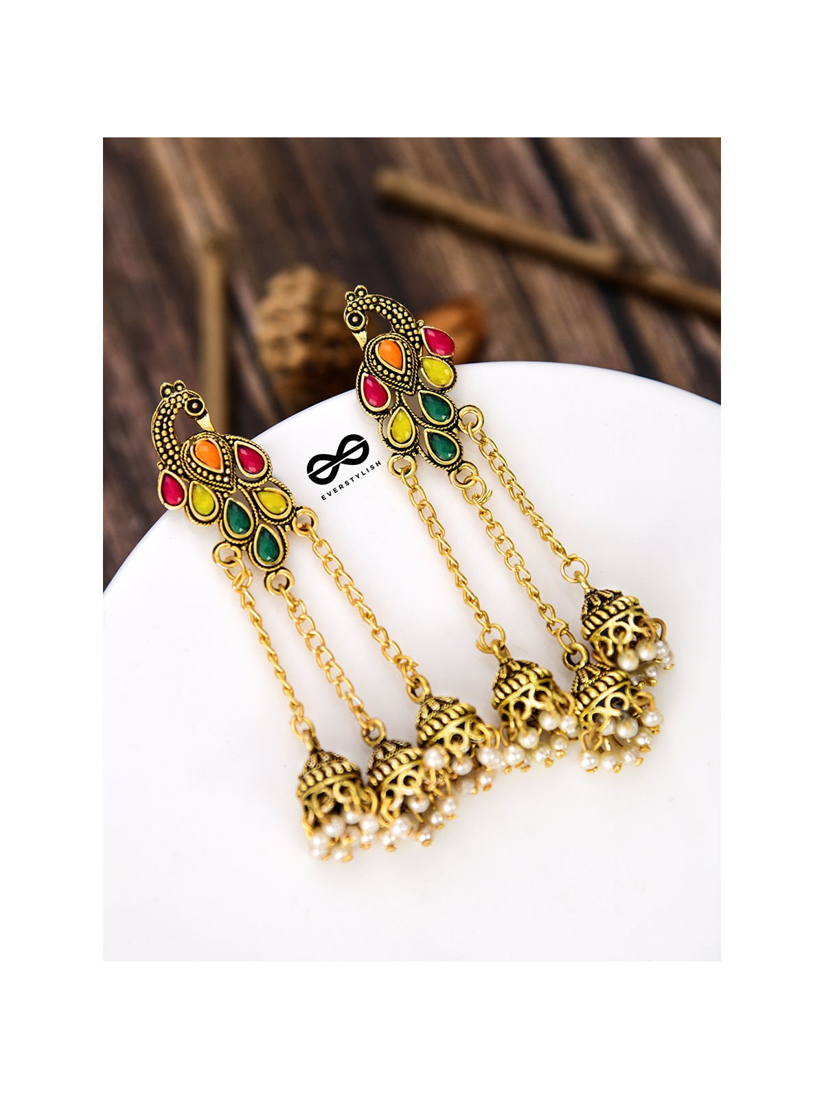 The Golden Embellished Peacock Triple Hanging Jhumkis