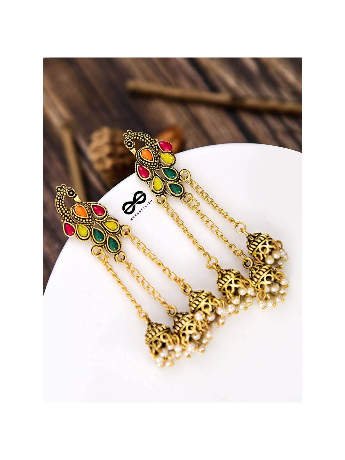 The Golden Embellished Peacock Triple Hanging Jhumkis