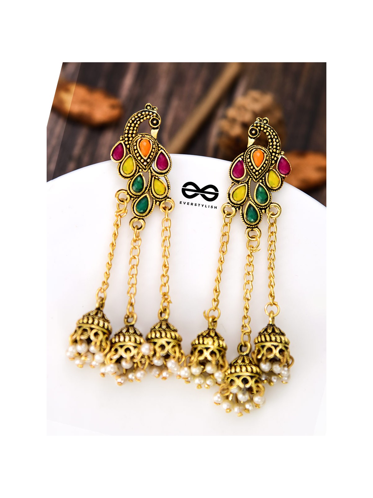 The Golden Embellished Peacock Triple Hanging Jhumkis