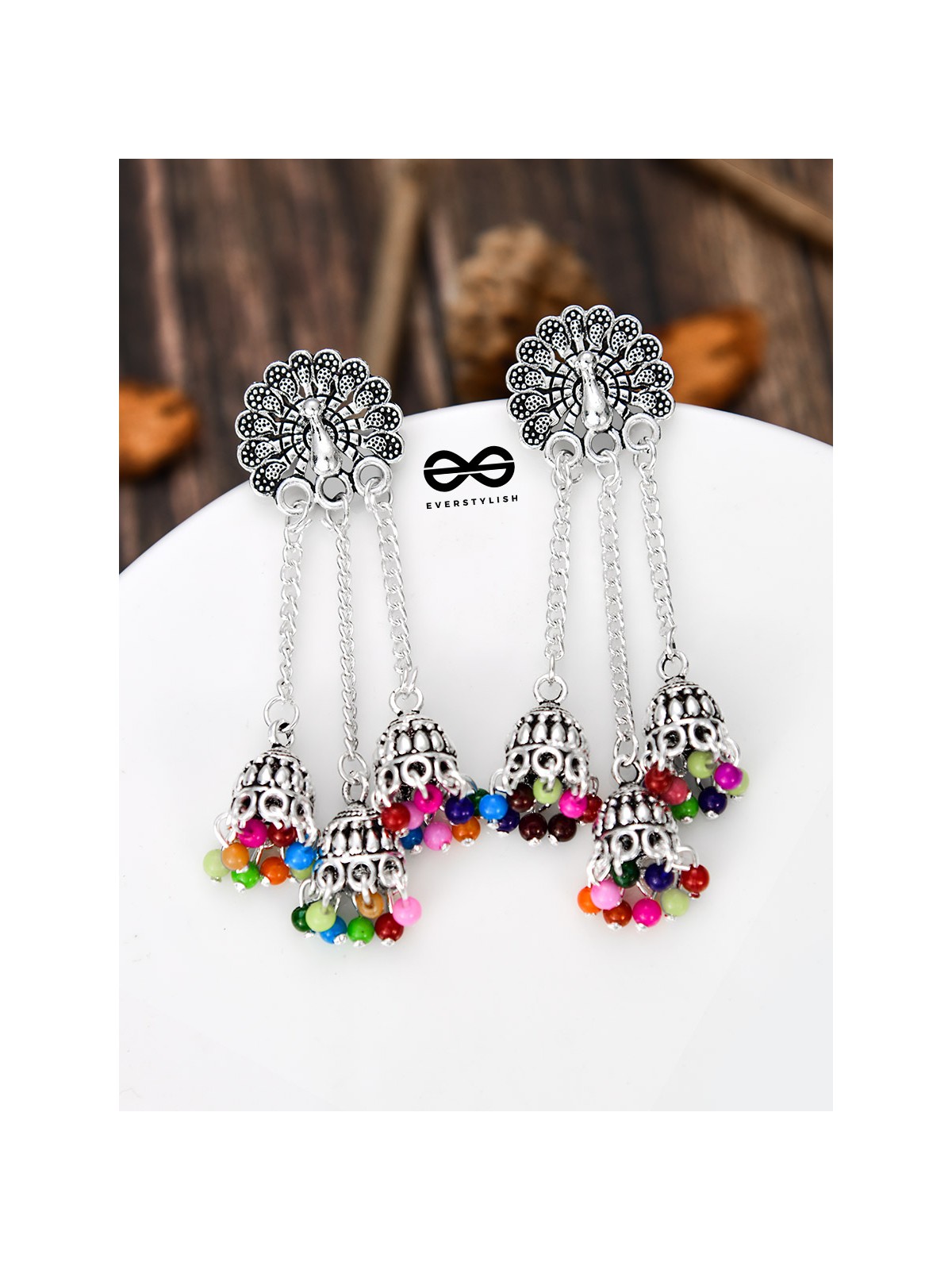 The Fanning Peacock Triple Multicolour Jhumkis - Oxidised Boho Earrings