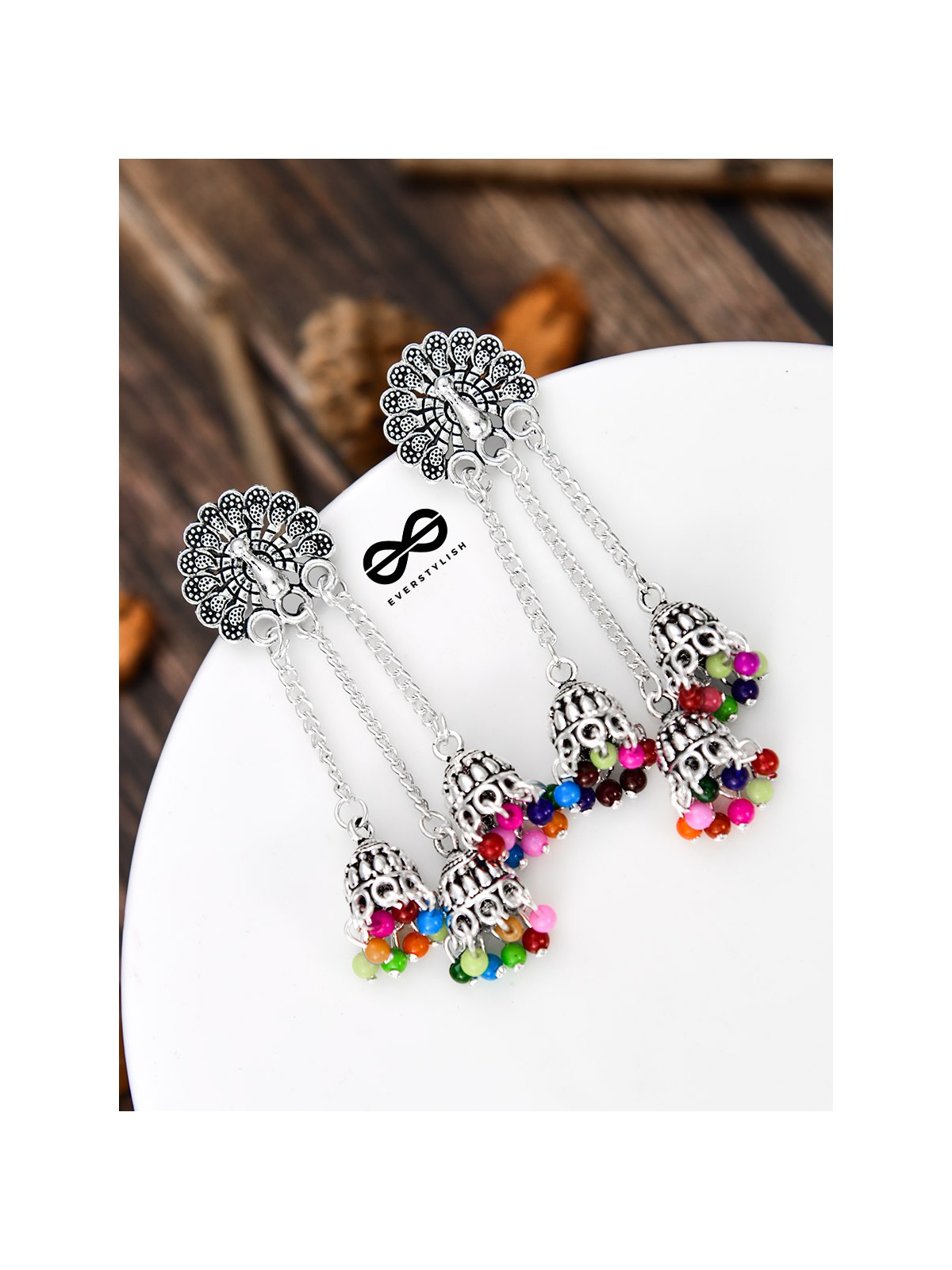 The Fanning Peacock Triple Multicolour Jhumkis - Oxidised Boho Earrings