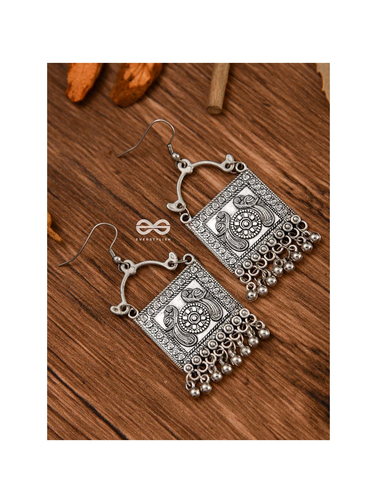 The Twin Peacock Artwork - Oxidised Boho Earrings