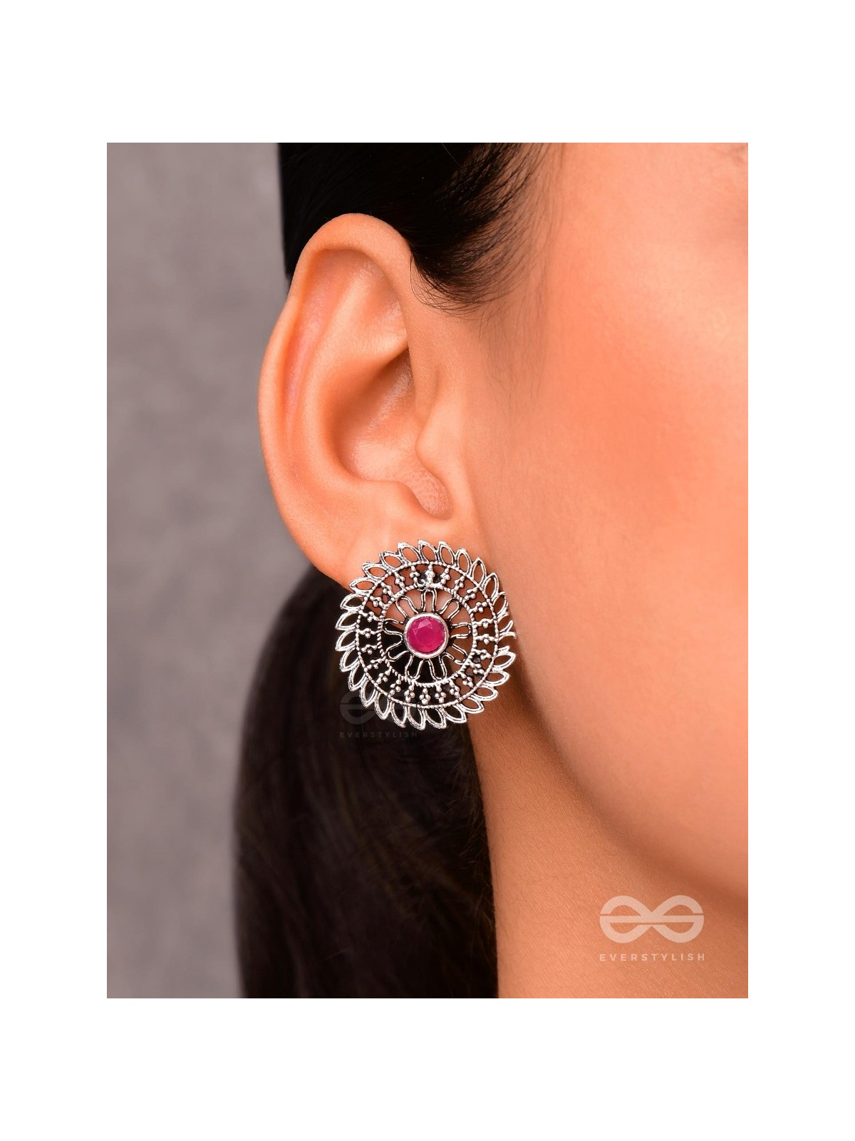  The Elegant Mesh Studs (Ruby Red) - The Embellished Oxidised Collection  