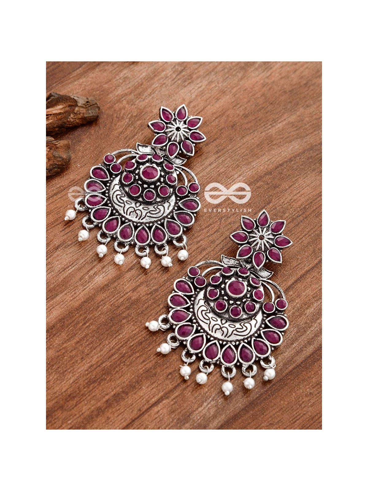 The Statement of Intricacy (Ruby Red) - Embellished Oxidised Earrings 