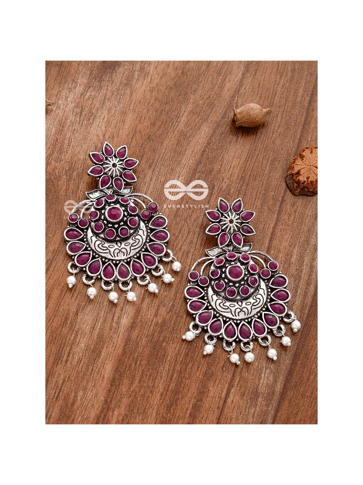 The Statement of Intricacy (Ruby Red) - Embellished Oxidised Earrings 