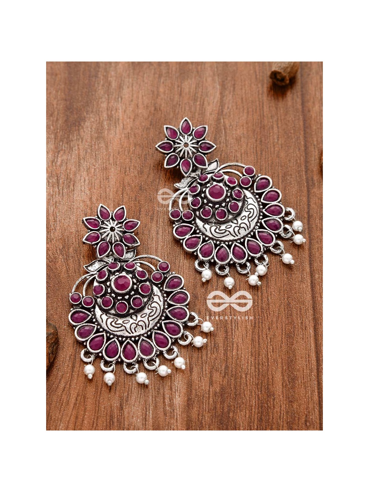 The Statement of Intricacy (Ruby Red) - Embellished Oxidised Earrings 