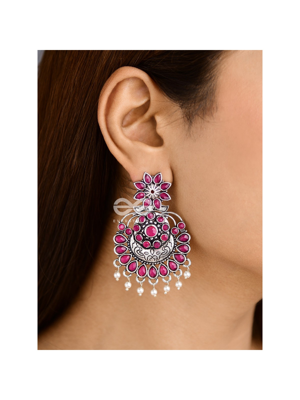 The Statement of Intricacy (Ruby Red) - Embellished Oxidised Earrings 