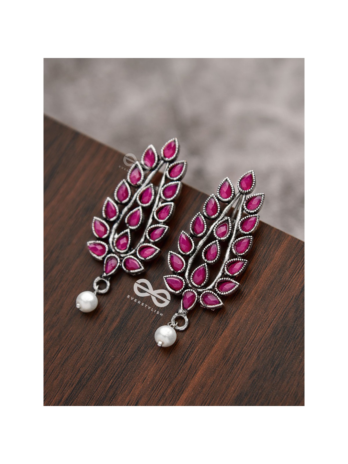 The Shimmering Leaves (Ruby Red)- Embellished Oxidised Earrings
