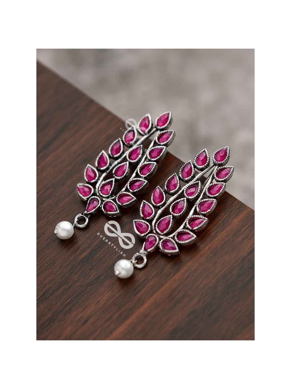 The Shimmering Leaves (Ruby Red)- Embellished Oxidised Earrings