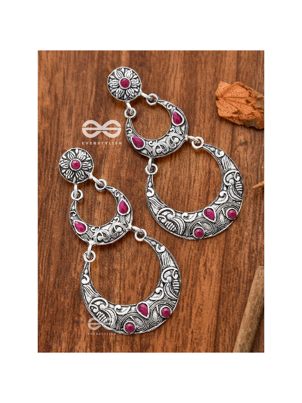The Layered Boho Artwork Danglers (Ruby Red) - Embellished Oxidised Collection