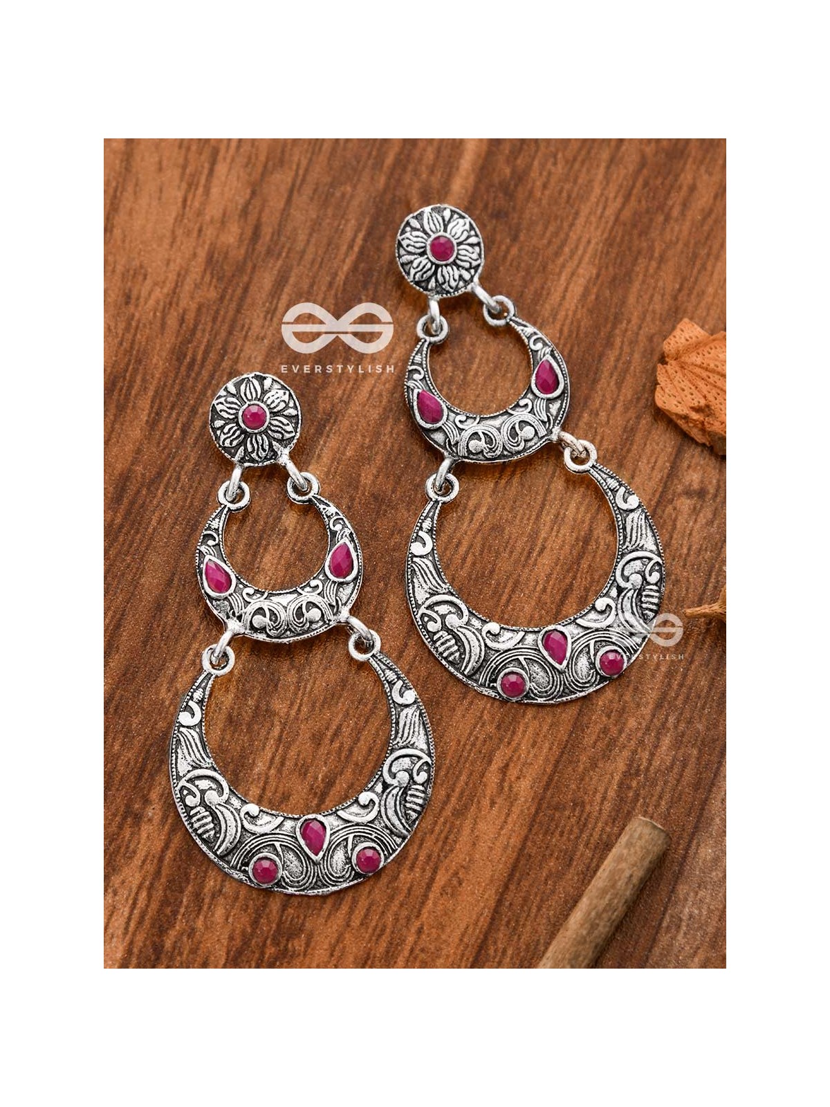 The Layered Boho Artwork Danglers (Ruby Red) - Embellished Oxidised Collection