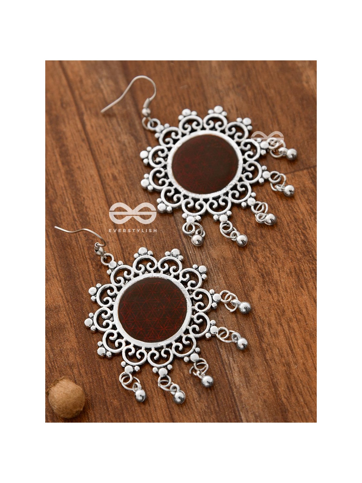 The Meshed Meenakari Sun (Burgundy) - Oxidised Boho Earrings